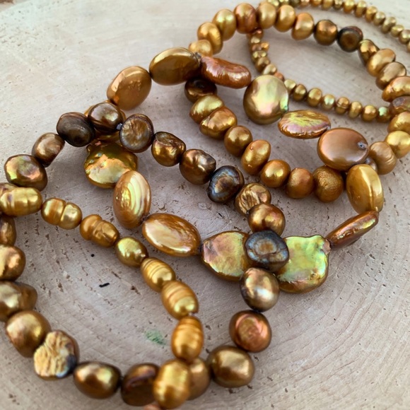 Natural Gold Bronze Cultured Freshwater Pearl Mixed Bead Bracelet Stack - Picture 6 of 11